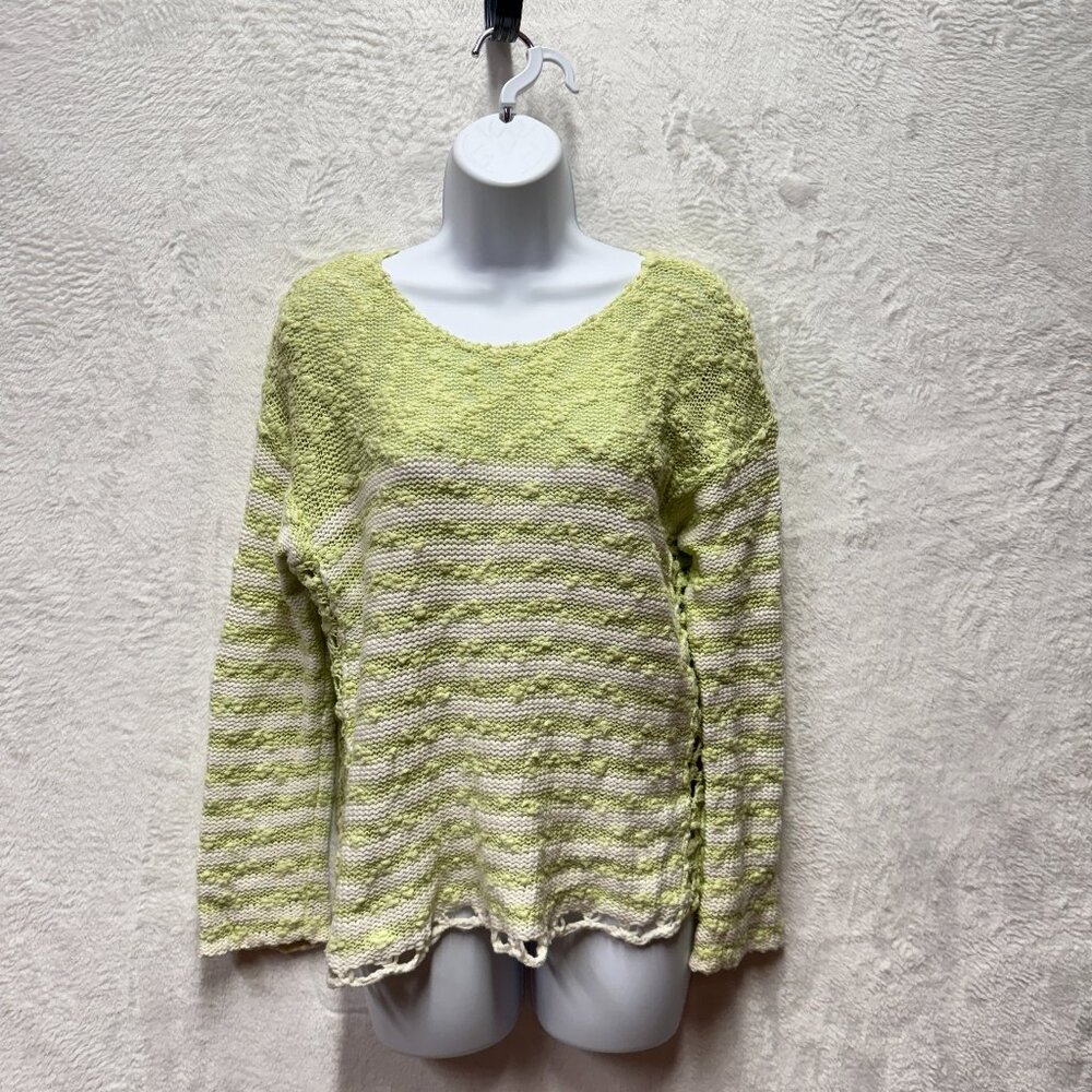 Free People Open Knit Sweater Women XS Green White Striped Loose Textured Cotton - Picture 2 of 12